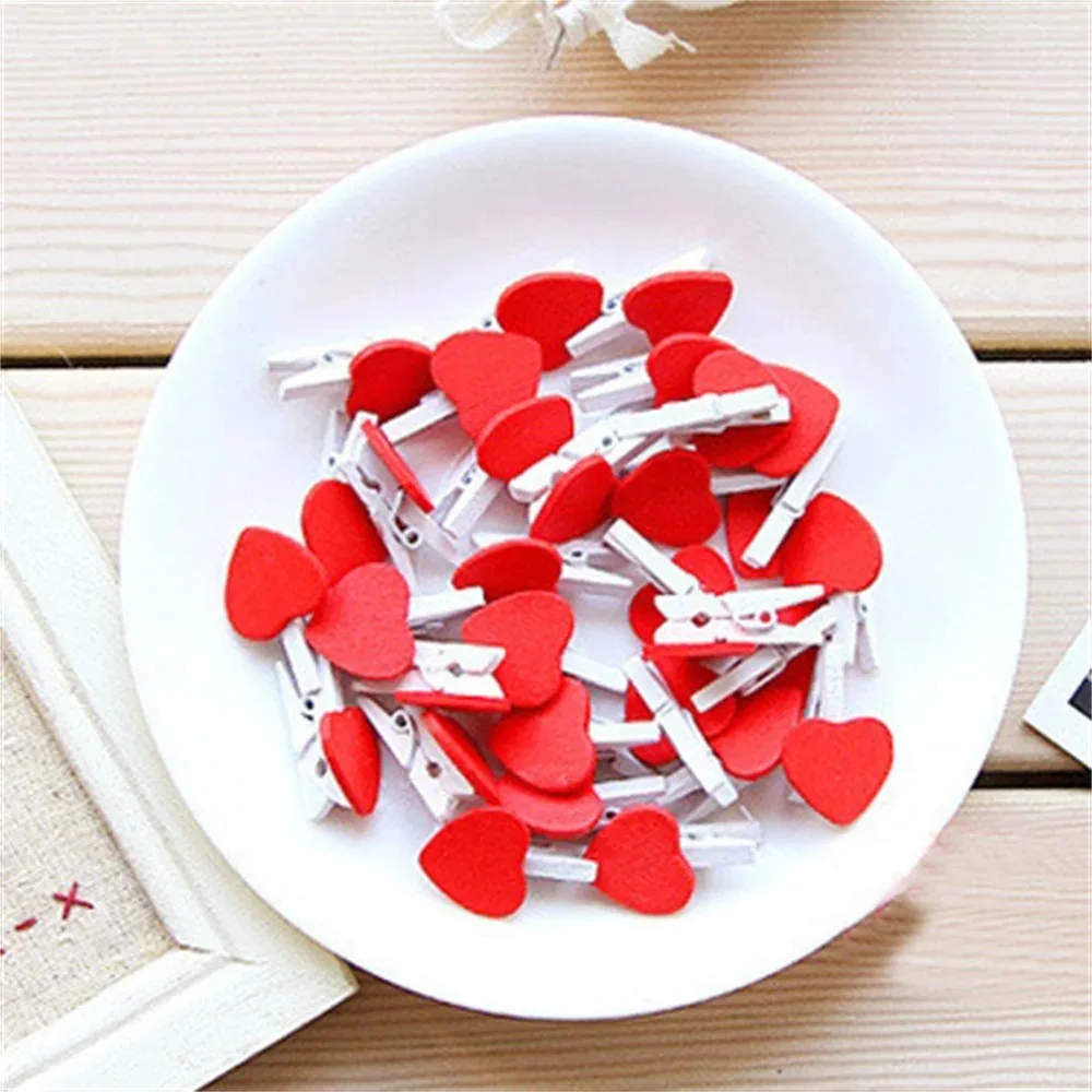 50Pcs Wood Clip Red Love Heart Kawaii Cute Spring Clip School & Office Stationery for Album Message Stickers Party Decoration