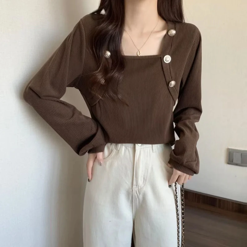 

Oversized Design with Square Neckline and Lantern Sleeves Knitted Sweater for Women Chubby and Slim Long Sleeved Front Shoulder