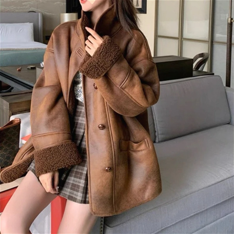 

Women Wool Coats Mid Length Blends Jackets Solid Turn Down Collar Long Sleeves Single Breasted Loose Casual 2025 Autumn Winter