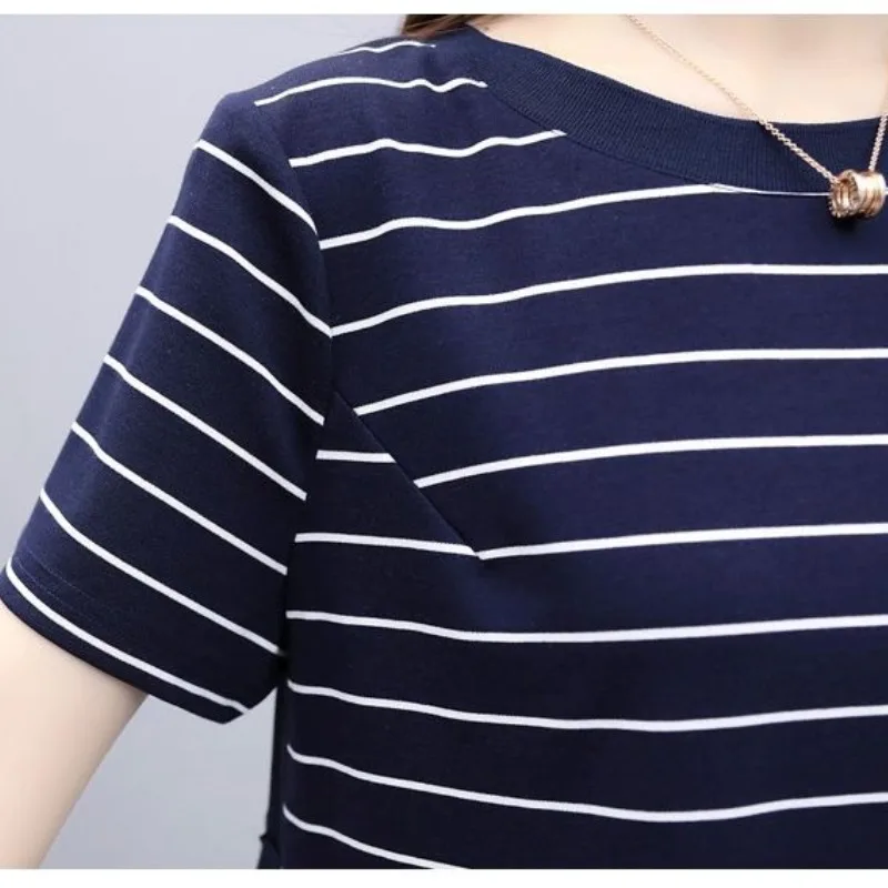 Women's Crew Neck Pullover Summer Striped Solid Patchwork Shirring Pleated Short Sleeve Casual Loose Elegant Office Lady Dress