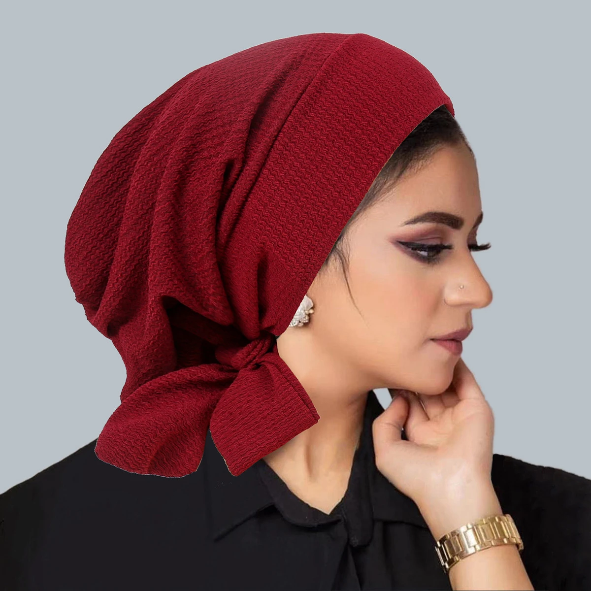 2026 New Solid Color Crinkle Turban Hijab Hats Long Tail Head Wraps Elastic Muslim Hats Breathable Chemo Cap For Women Girls