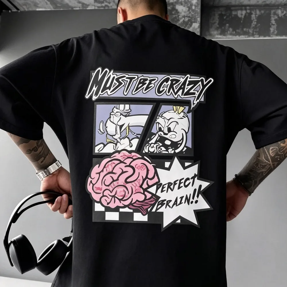 2026 New Men's Misfit Crazy Graphic T Shirt Funny Print Oversized Streetwear Casual Short Sleeve Fashion