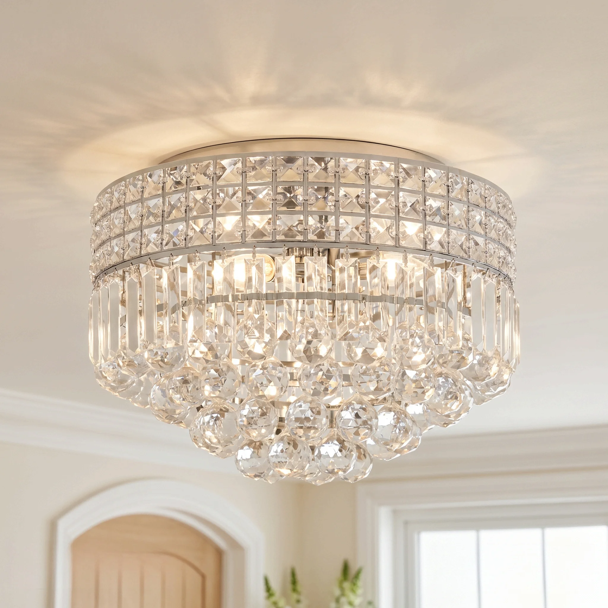 Modern Chrome Silver 3-Tier K9 Crystal Flush Mount Ceiling Light, Luxury Round Dimmable Ceiling Chandelier Fixture for Dining Room Living Room Kitchen Island Bedroom Hallway Foyer Entryway Closet