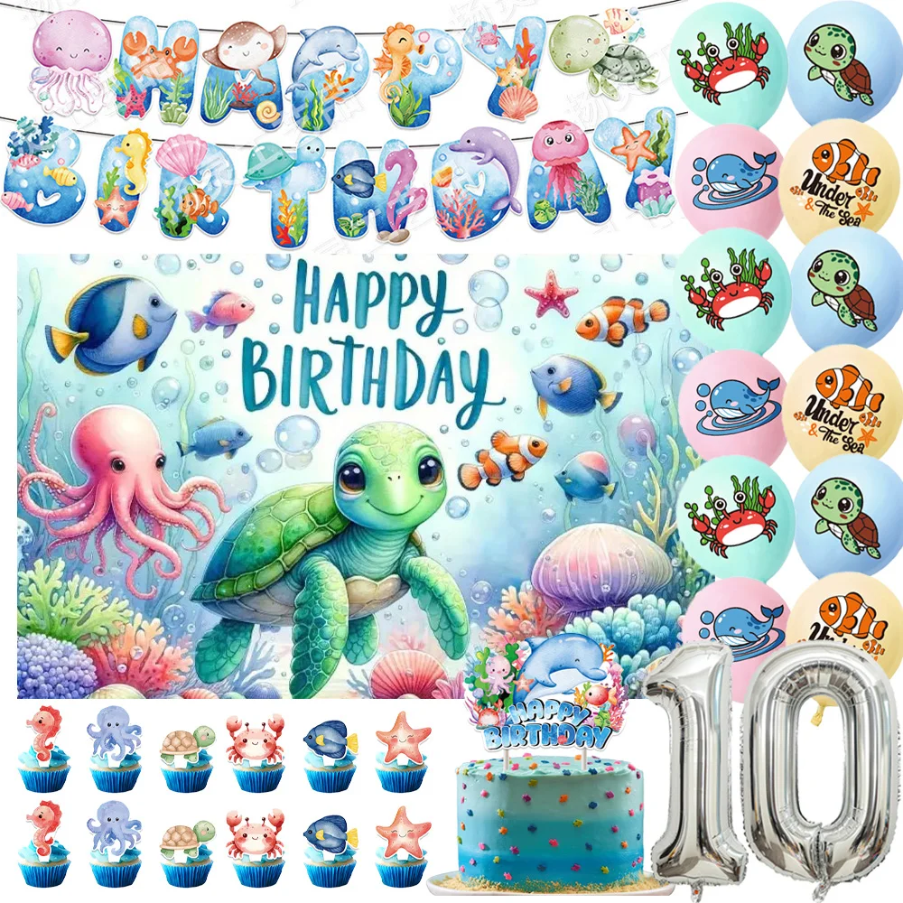 

Cartoon Ocean Creatures Theme Birthday Party Decoration Number Balloons Cake Topper Turtles Dolphin Background Party Supplies