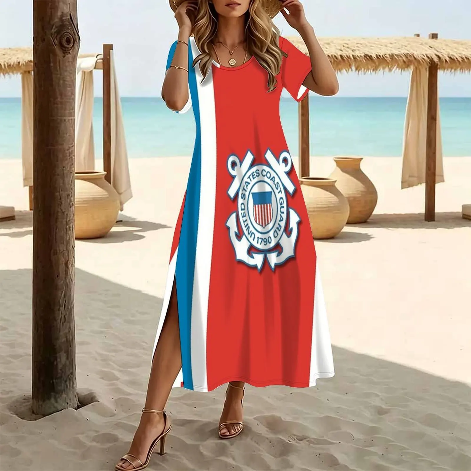 United States Coast Guard - Semper Paratus Women's Round Neck Short Sleeve Split Long Dress