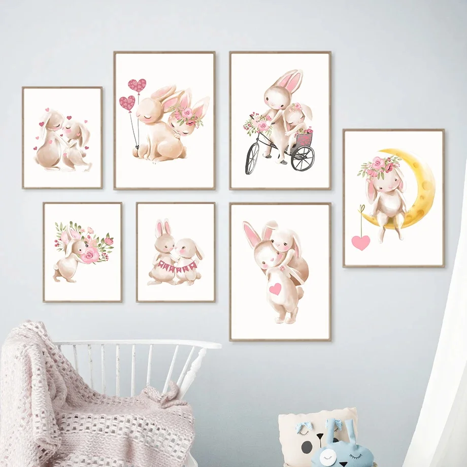 

Pink Cartoon Rabbit Moon Wreath Love Baby Girl Wall Art Canvas Painting Nordic Posters And Prints Wall Pictures Kids Room Decor