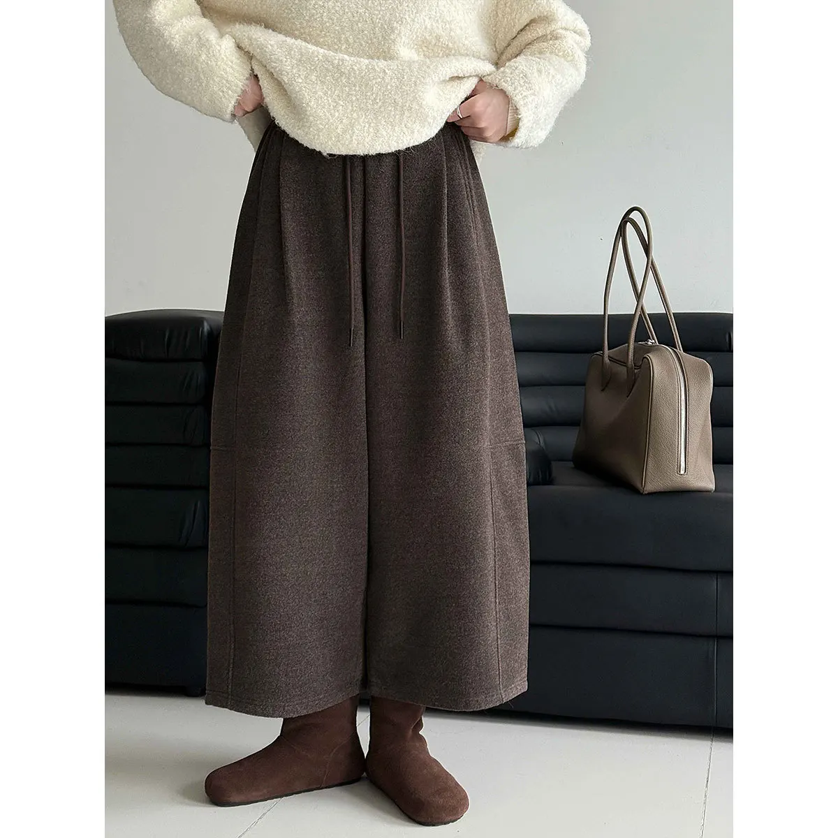 

Шерстяные повседневные женские шерстяные брюки с эластичной резинкой на талии, новые осенние и зимние свободные широкие брюки, универсальные прямые брюки с девятью точками