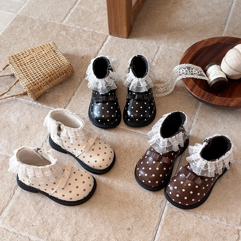Kids Girls' French Vintage Winter Ballet Polka Dot Side Zipper Rubber Sole Sweet Smokestack Boots Baby Warm Walking Ankle Boots