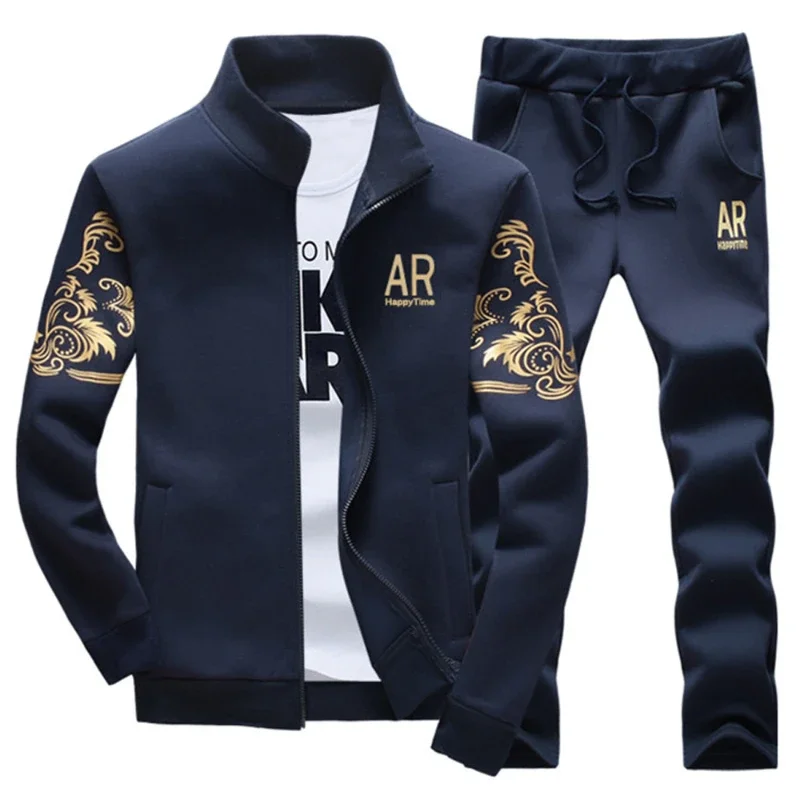 2023 New Men\'s Tracksuit Fleece Jacket and Sweatpants 2 Piece Set Spring Autumn Sports Suit Long Sleeve Sets Men Sweatsuit Warm