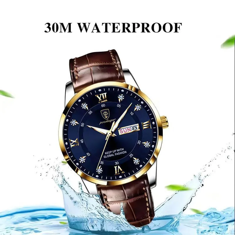 POEDAGAR Original High Quality Men Watch Waterproof Luminous Leather Sports Man Wristwatch Quartz Stylish Casual Watches For Men