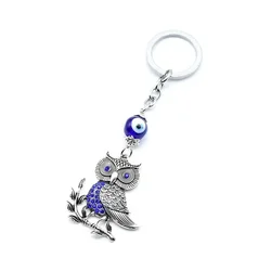 Owl Turkish Blue Glazed Evil Eye Car Hanging Keychain for Woman Men Silver Color Alloy Lucky Protection Key Ring Jewelry Gifts