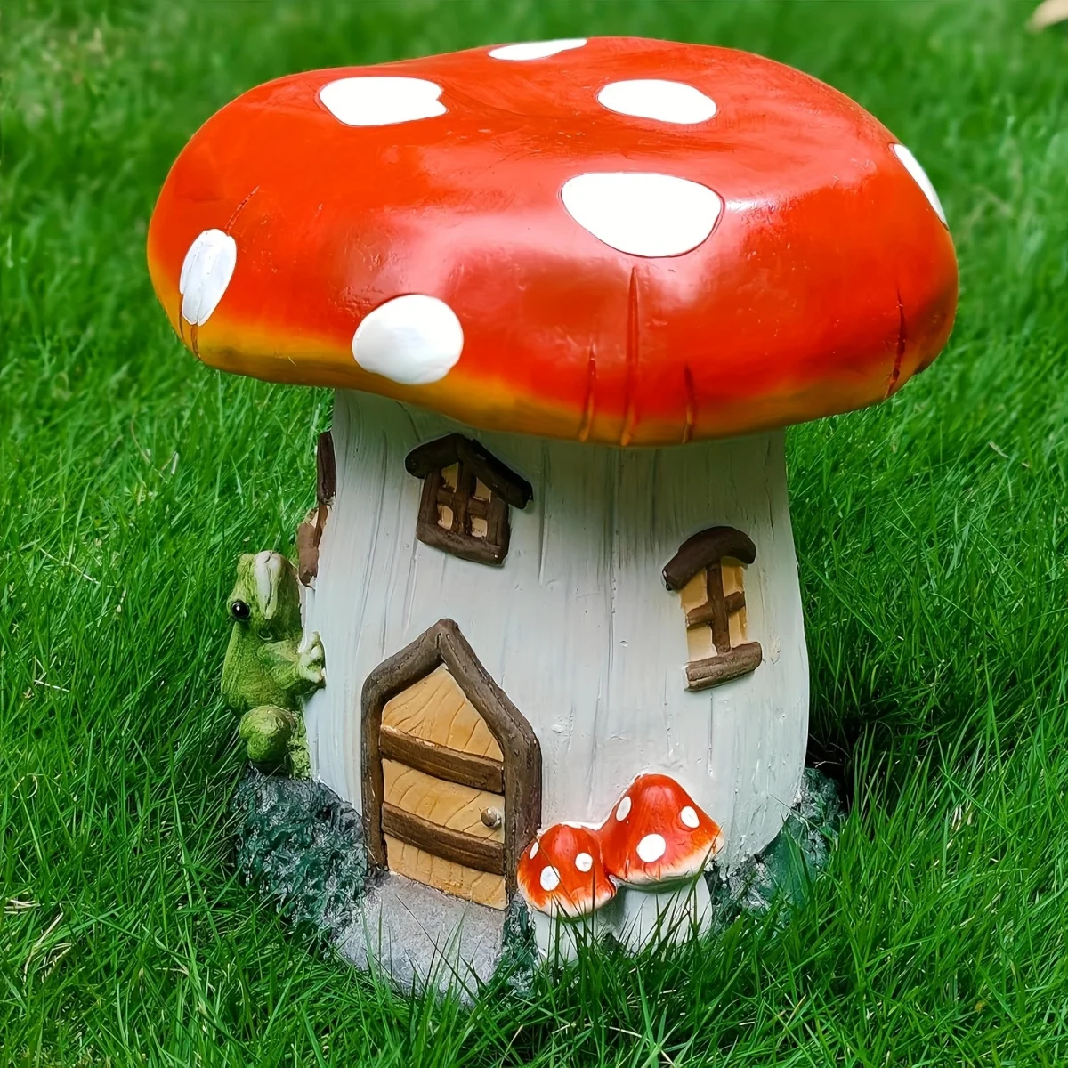 l13.4" Mushroom House Garden Stool, Oversized Resin Sculpture & Fairy Forest Base, Decorative Stool for Home, Courtyard, Lawn, Indoor & Outdoor Spring & Summer Decoration