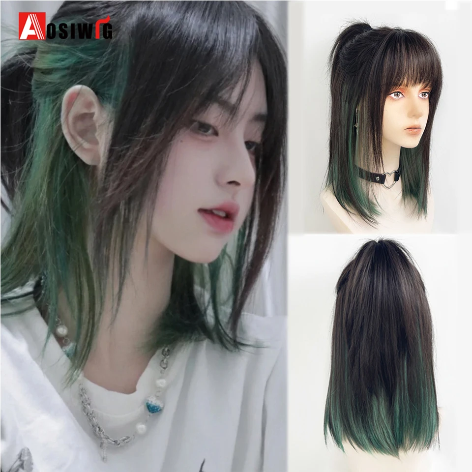 Women Green Cosplay Synthetic Wig Dyed Japanese Wolf Tail Fish Head With Locksat Collarbone Celebrity Wig