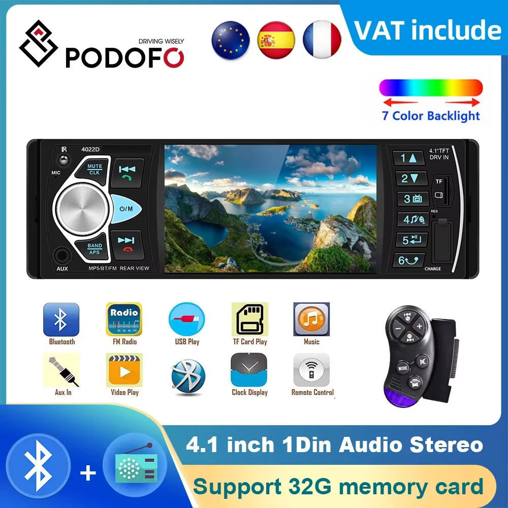 Podofo 4.1'' Car Radio 1Din Audio Stereo FM Bluetooth MP3 Player FM Autoradio Reverse Camera Music USB AUX Input