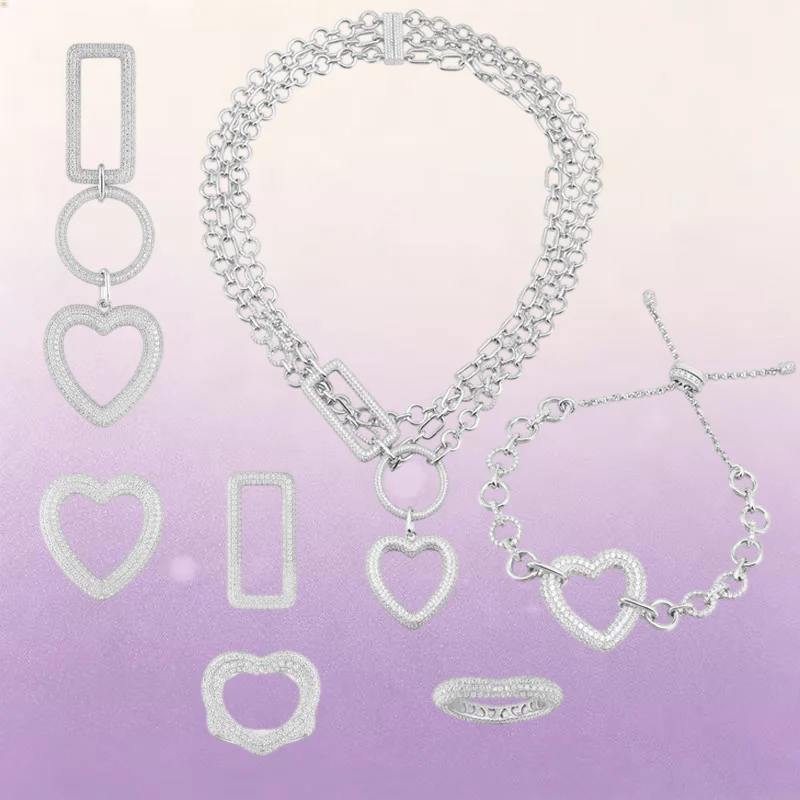ZPPFF 925 Sterling Silver Heart Shaped Love Rectangular Geometry Ring Earrings Bracelet Necklace Women Sweet Couple Party Jewelr