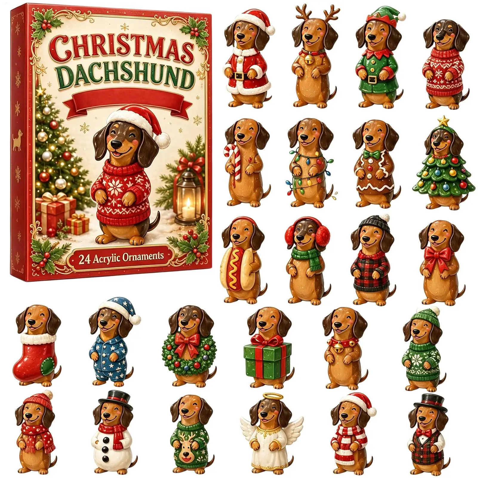 Dog Lovers 24 Days Christmas Advent Calendar 2D Acrylic Dachshund Dog Countdown Calendar Box Xmas Tree Pendent Ornament Gifts