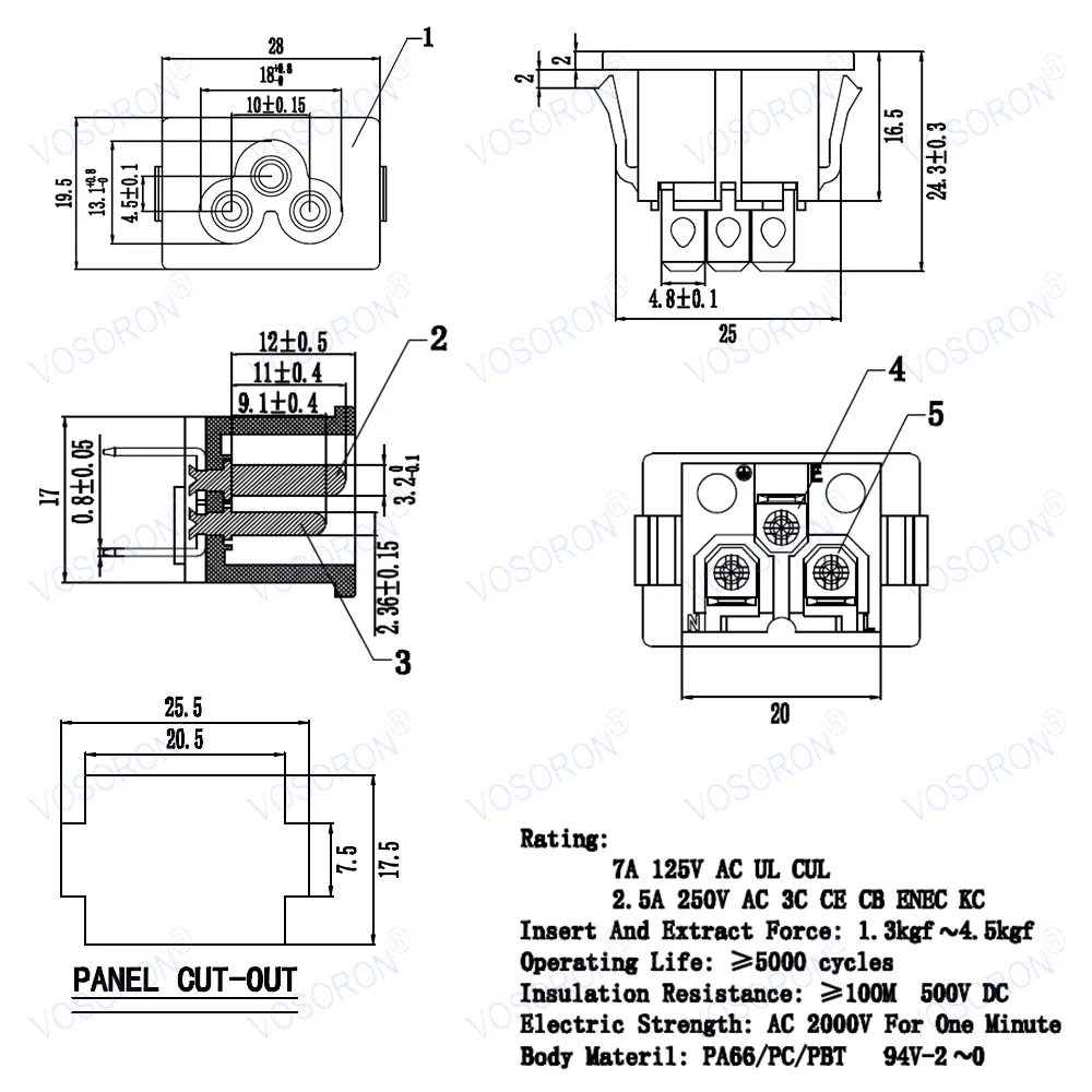 5pcs IEC C6 AC Power Inlet Socket Connector, 3-Pin 250V 2.5A, Embedded Mount with Welding Terminals (Black)