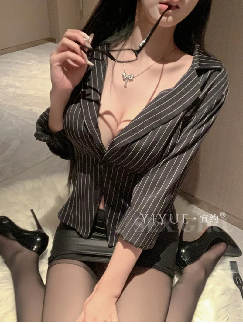 Sexy Striped Shirt Women's Bag Buttocks Two Piece Skirt Set Secretary Spicy Girl Nightclub Uniform OL Sweet Women Korean SES7