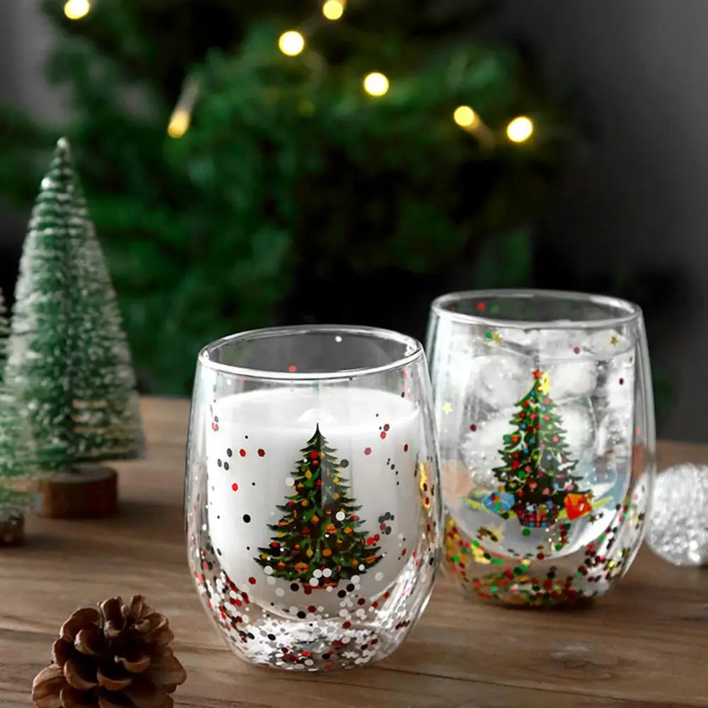 Christmas Tree Pattern Movable Glitter Sequin Christmas Cup High Temperature Resistant Clear Double Wall Insulated Water Glass