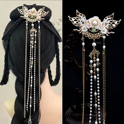 Tassel Hairpin Tiaras Chinese Hair Accessoreis National Classic Crown Hair Clip Fairy Floral Pearl Hair Jewelry Retro Tiaras