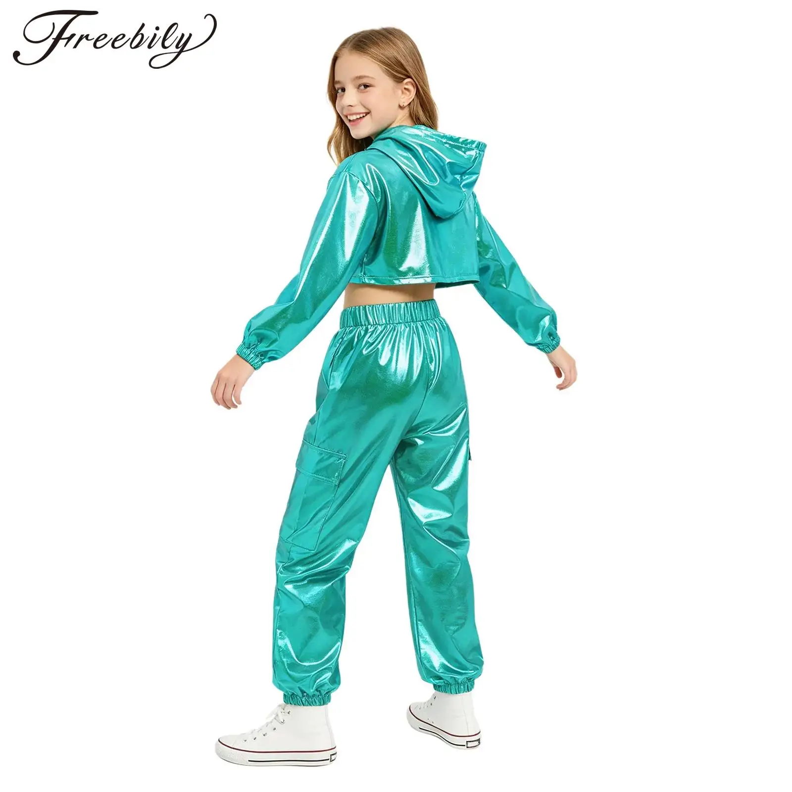 Teen Girls Hip-hop Modern Jazz Street Dance Performance Outfit Long Sleeve Metallic Cropped Hoodie Top with Vest Cargo Pants