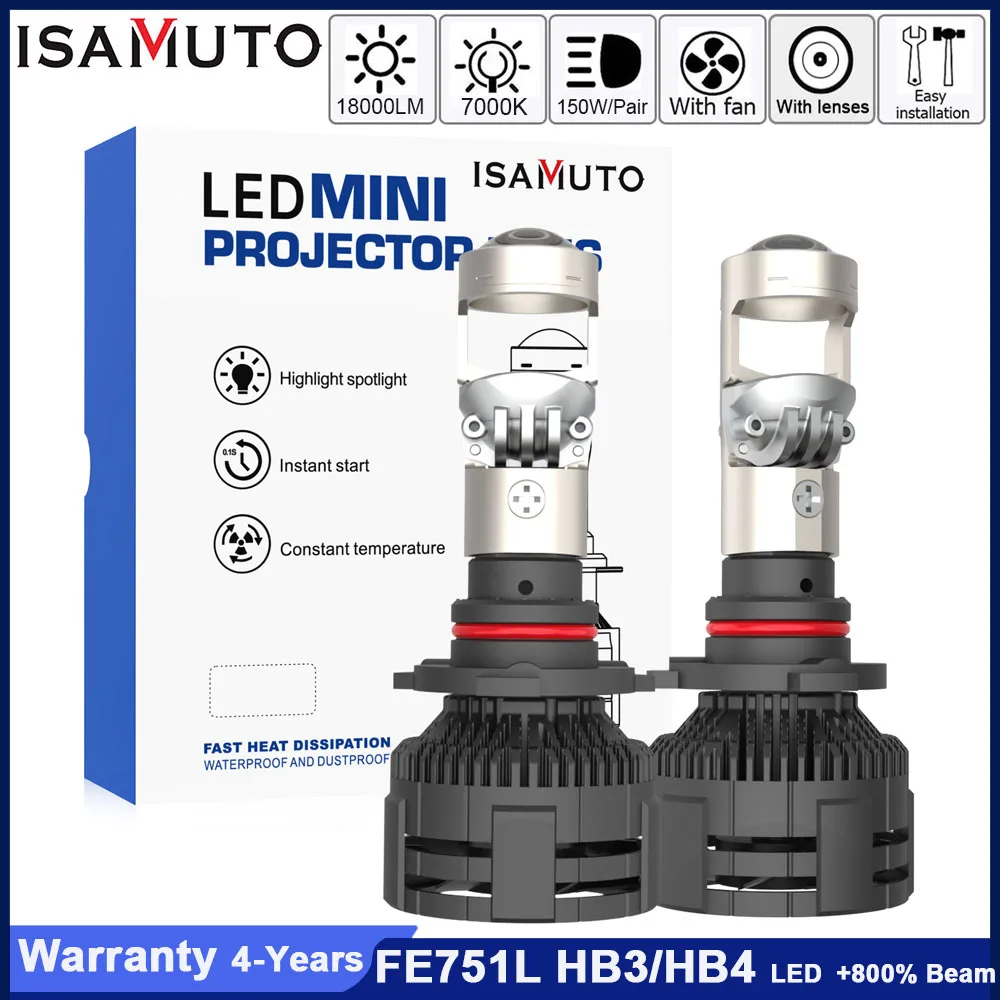 

ISAMUTO FE751L LED HB3 HB4 Headlight With Lens Fan 12-35V 130W 7000K 18000LM White 9005/9006 Car Bulb +800% Brightness (Pair)