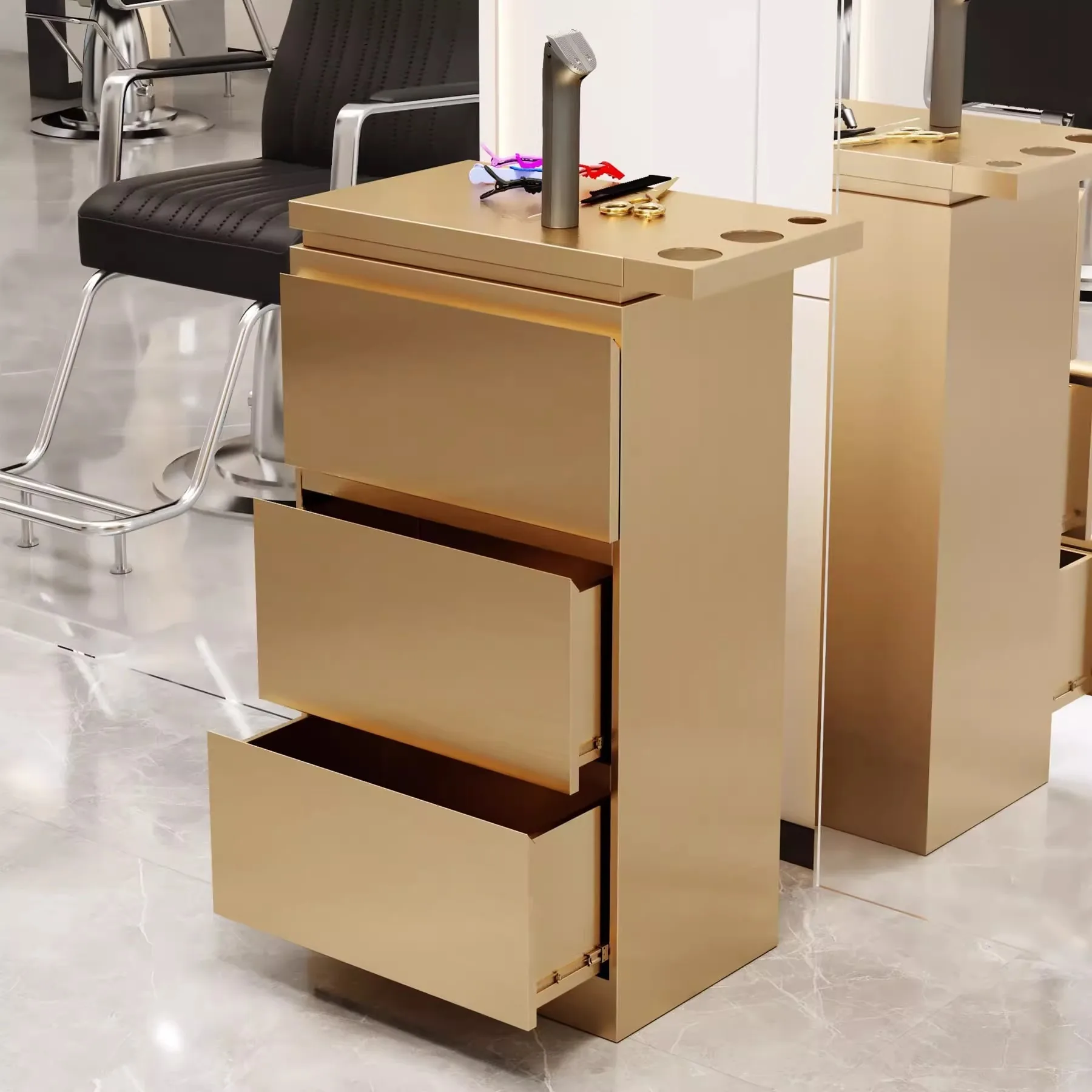 Carro de herramientas de salón de belleza de lujo, carro de salón de acero inoxidable dorado con cajones