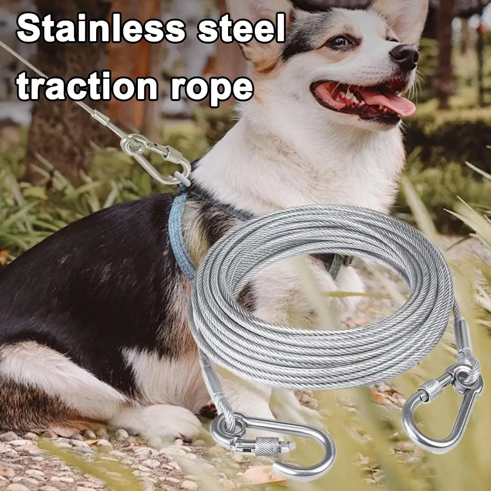 2-5M Double Headed Dog Tie Out Cable Leash Steel Wire Rope Metal Buckle Anti-Rust Outdoor Dog Training Strap