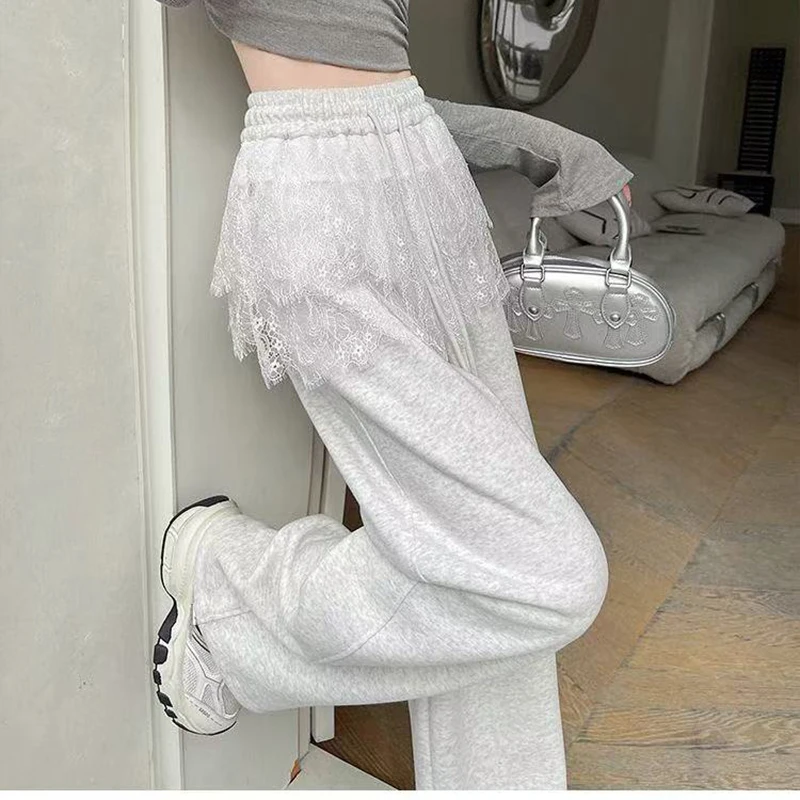 2025 Women's High Waist Sport Pants Straight Sports Pants Spring Summer New Trousers Ballet Lace Stitching Wide-Leg Pants