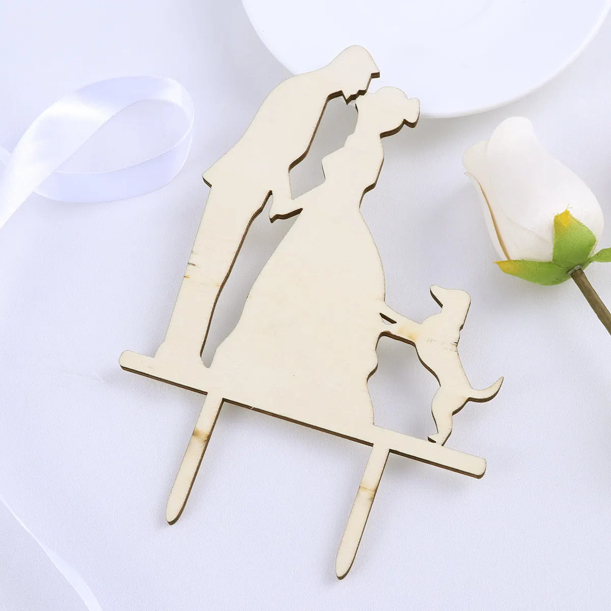 Wedding Cake Topper Wooden Kissing Bride Groom Dog Silhouette Handmade Rustic Cake Decoration Anniversary Engagement Party