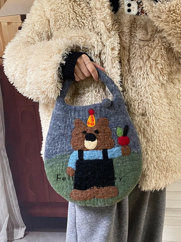 Handmade Wool Felt  Bear Bib Overalls Fun Cute Animal Artistic Handbag round Box Shape Youth Casual Cartoon Print