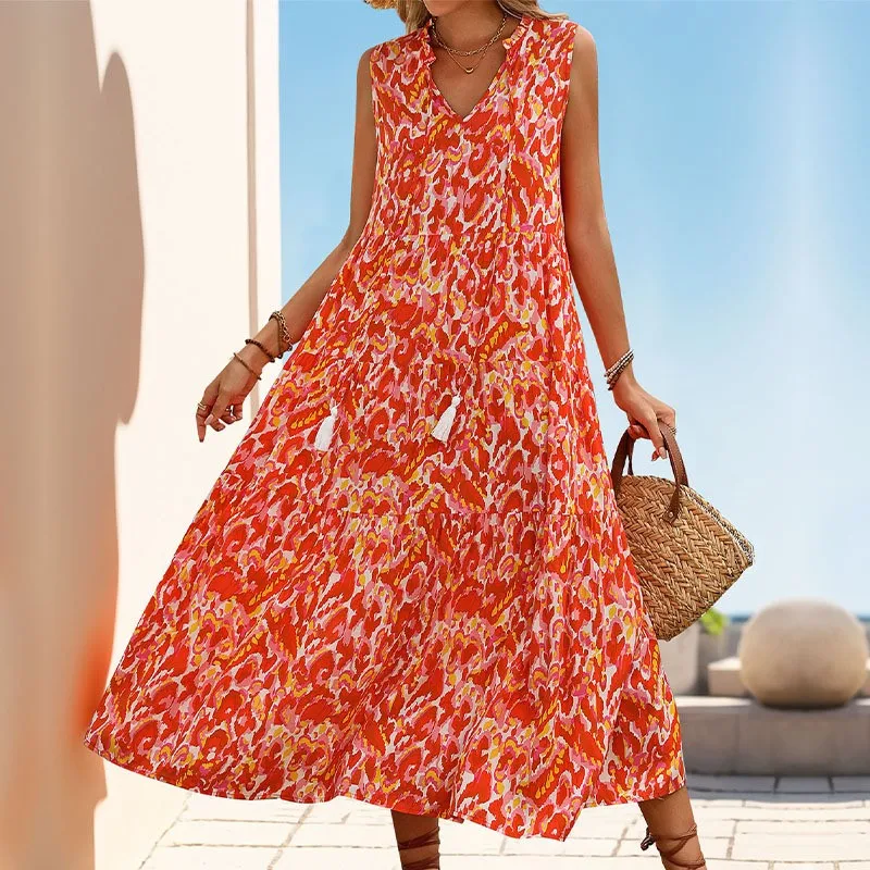 

Bohemian Fashion Printed Women's Midi Dress Casual Printed Sleeveless V-neck Lace Design Long Dresses Lady Loose A-line Vestidos