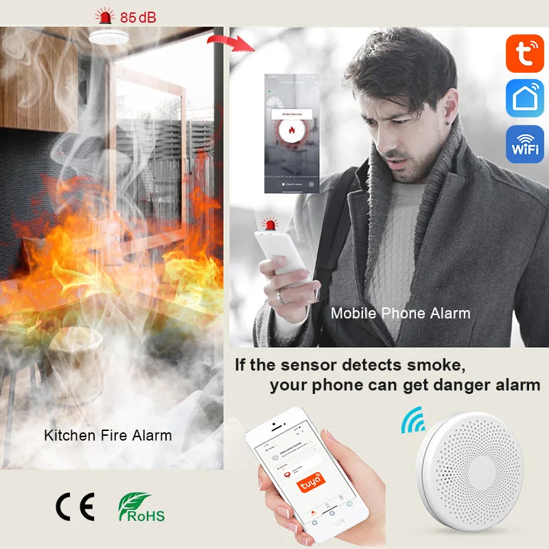 Détecteur de fumée Co & Ultra fin 2 en 1, fonction WiFi, Tuya Smart Life, cuisine familiale, magasin, alerte incendie, capteur d'alarme de monoxyde de carbone