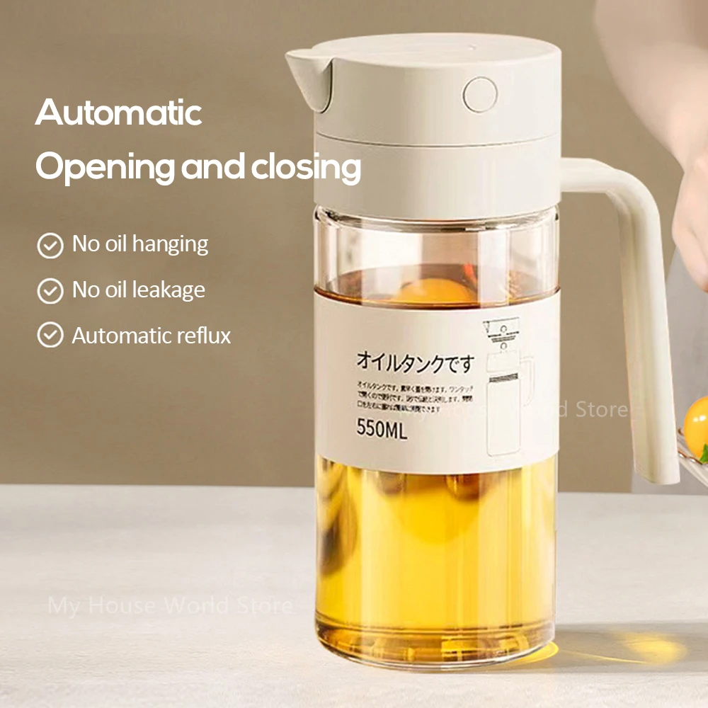 550ML Oil Dispenser Glass Automatic Opening Closing Leak-Proof Snap on Oil Pot without Hanging Oil bottle Kitchen Accessories