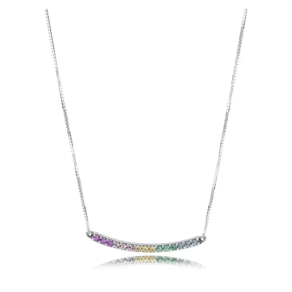 

NEW 2018 NEW 100% 925 Sterling Silver Multi-Colored Curved Bar Necklace Colorful Zircon Rainbow Pendant Clavicle Chain