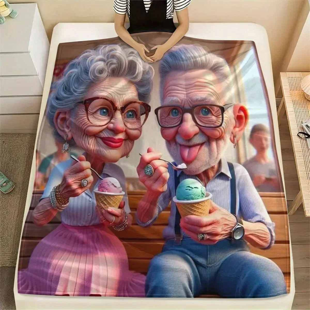 Cozy Grandparents Eating Ice Cream Print Flannel Blanket Soft Polyester All Season Comfort Ideal For Sofa Office Bed Camping