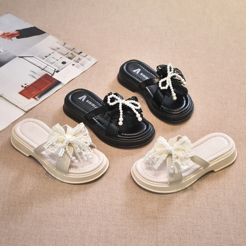 

Kids'Casual Shoes Sandals PU Leather Bow Pearl Summer Shoes Girls Color-Blocking Anti-slip Black White Shoes Size 26-37