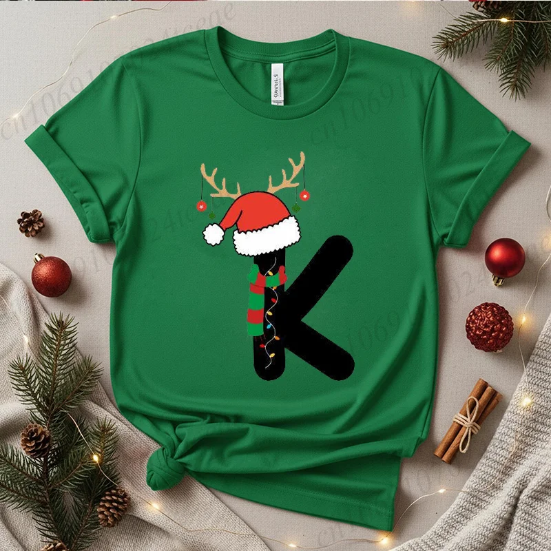 Damska świąteczna koszulka z alfabetem, pasujące piżamy rodzinne na Boże Narodzenie, strój na imprezę, świąteczny nadruk z monogramem, bluzka z krótkim rękawem.