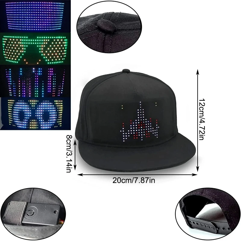 RGB Bluetooth LED Hip Hop Cap  Luminous Scrolling Message Baseball Cap  APP Control Party Customized Languages Cap