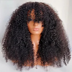 Soft 26inch 180Density Long Natural Black Kinky Curly Synthetic Machine Wig With Bangs For Women With Baby Hair Preplucked Daily