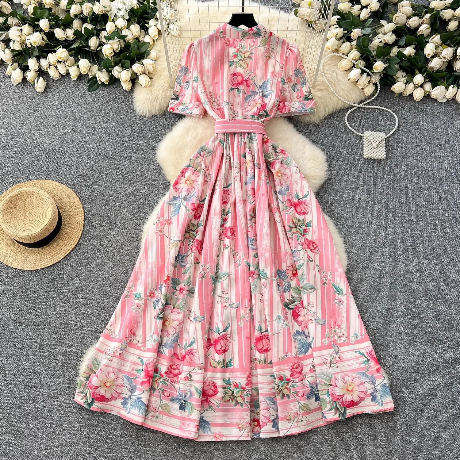 Verão férias flor boho robe vestido feminino manga curta entalhado cinto a linha praia festa vestido pérolas botões até maxi roupas