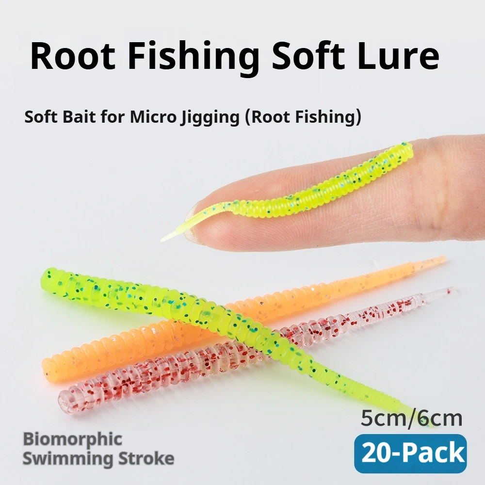 20Pcs/Bag Threaded Needle Tail Soft Lure Root Fishing Worm Silicone Artificial Bait Slow Sink Soft Bait For Bass Topmouth Culter