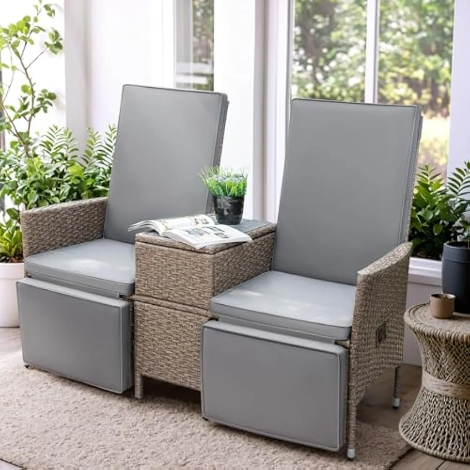 

US Patio Recliner All-Weather Wicker Outdoor Loveseat Lounge Chairs with Built-in Storage Table for Balcony, Porch, Lawn, Gray