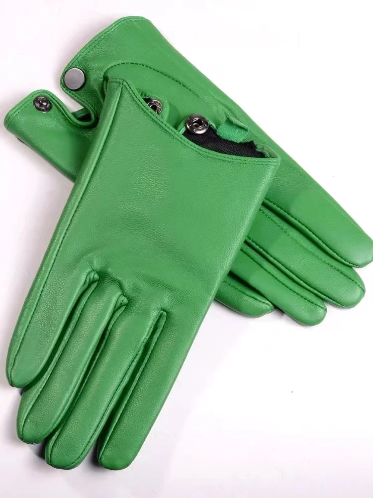 

Leather White Gloves For Men Male Genuine Sheepskin One Button Short Mittens Green Repair Use Mobile Phone Arm Warmers