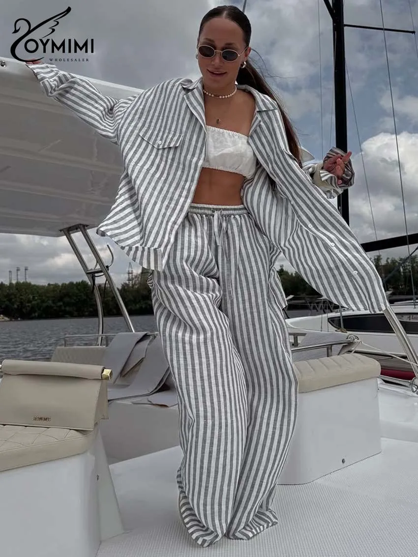 

Oymimi Fashion Grey Loose Woman 2 Piece Set Outfit Elegant Lapel Long Sleeve Pockets Shirts And Drawstring Straight Trousers Set