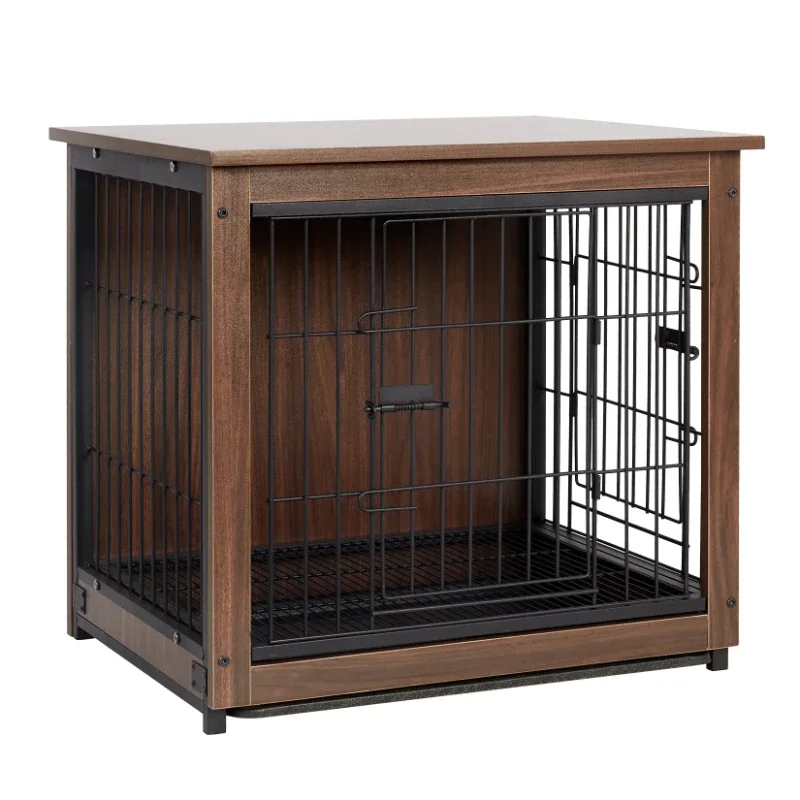 Vintage Pet Crate Dog Cage with Table Top Wooden Barrier Gate With Floor Tray for Indoor