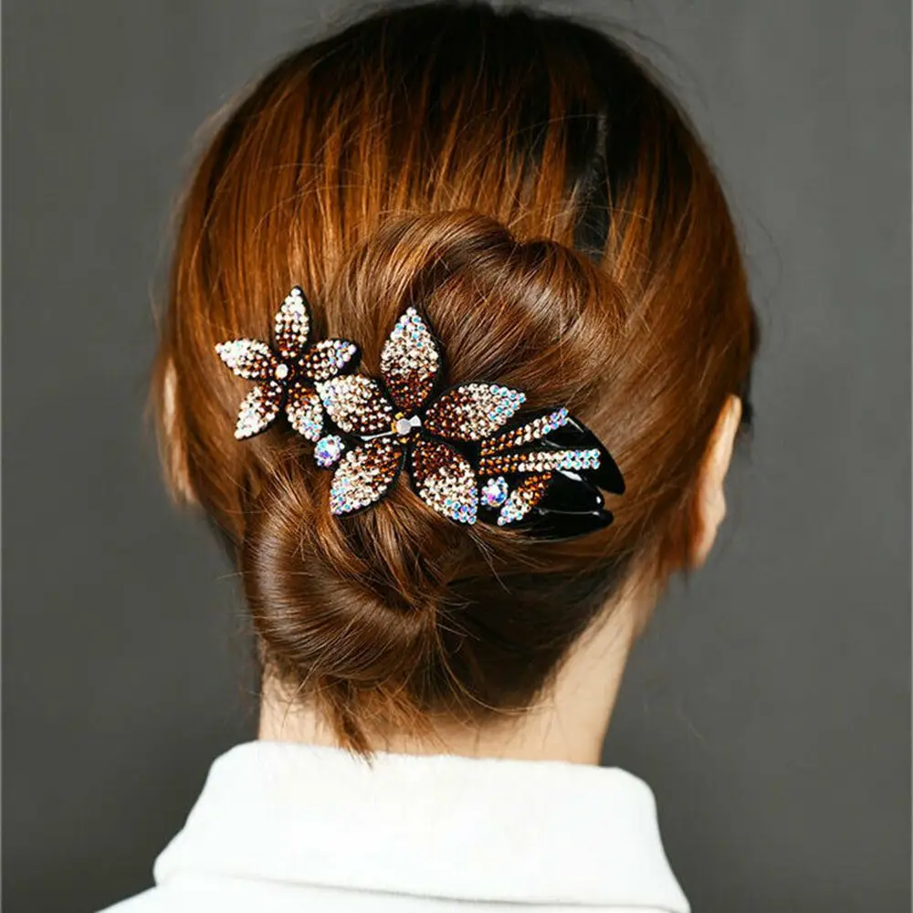 Rhinestone Double Flower Hair Clip Flexible Durable Women Hair Dovetail Clip Durable Charm Hair Claw