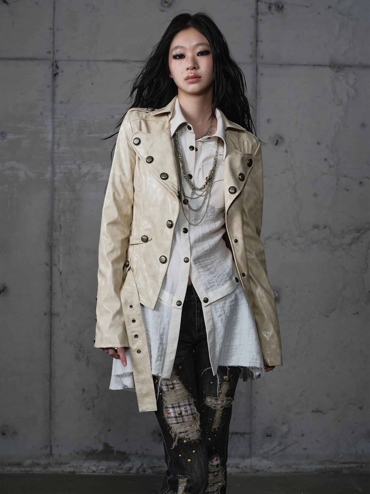 

Retro Punk Sle ort Leather Jaet Women's Slim Fit Embroidered Large Collar Coat NO ROMANCE Commute Sle Polyester Elast...