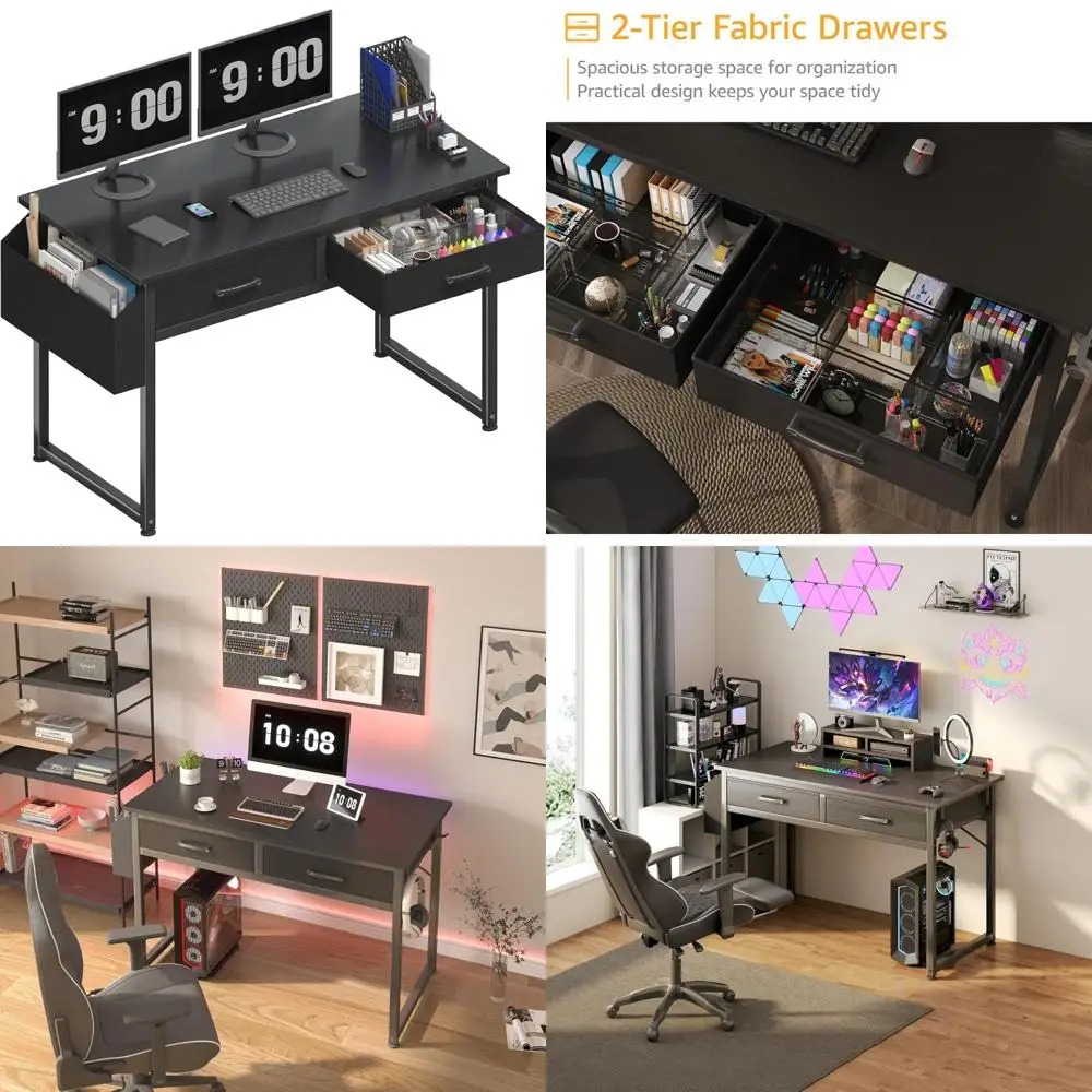 

40 Inch Fabric Drawer Gaming Desk for Home Office, Small Study Writing Table with 2 Drawers, Bedroom Computer Desk for Efficient
