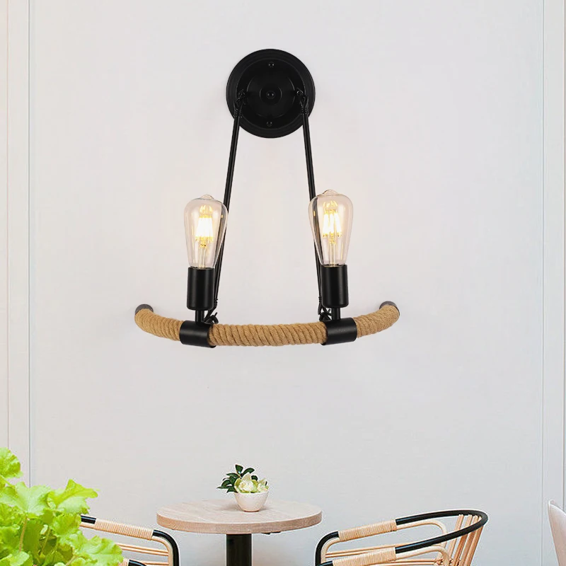 American Retro Loft Wall Lamp Restaurant Cafe Lighting Fixture Hemp Rope Wall Light For Bedroom Bedside Asile Stair Balcony Lamp